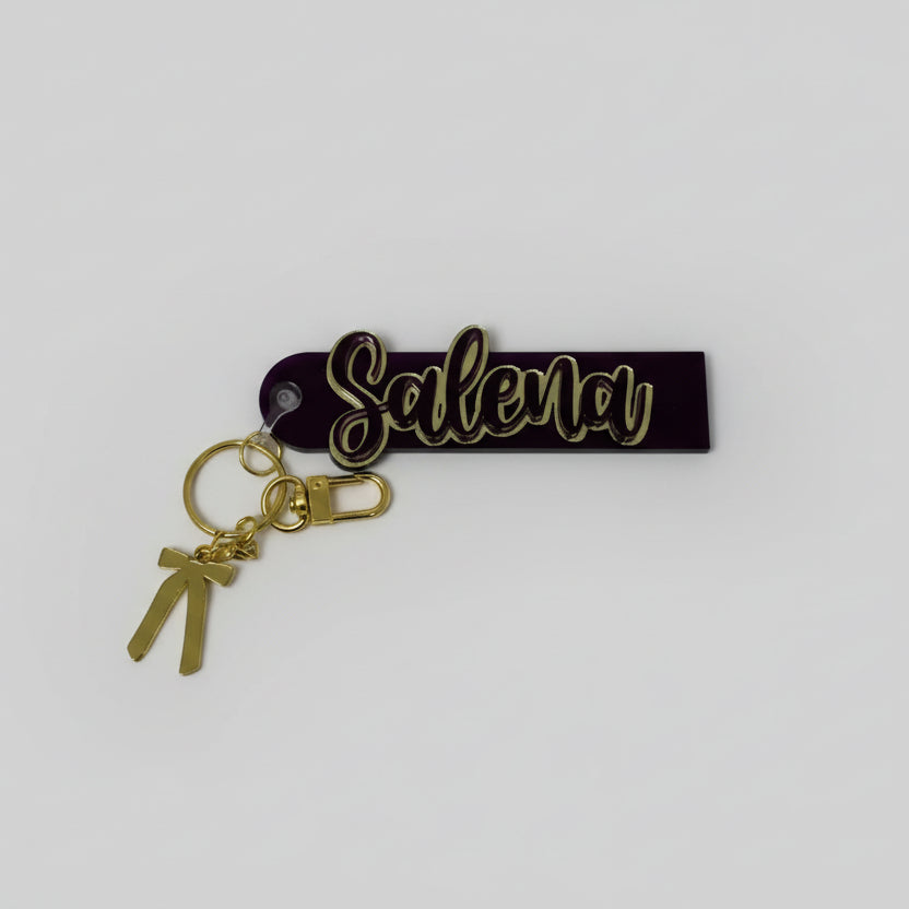 Double name plate keychain with bow charm